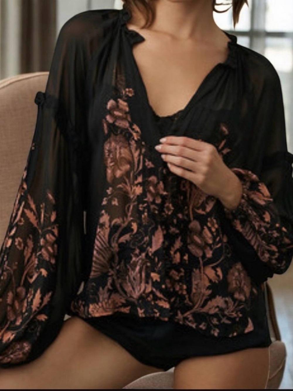 Florence Balducci for Anthropologie sheer black/brown floral blouse